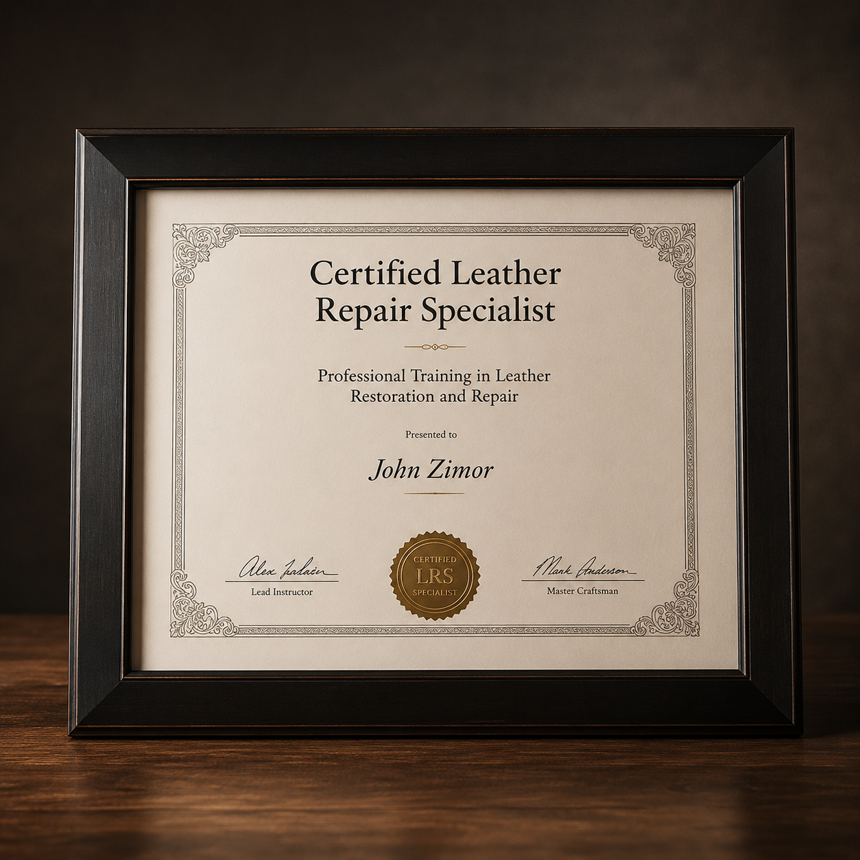 Certified Leather Repair Specialist certificate